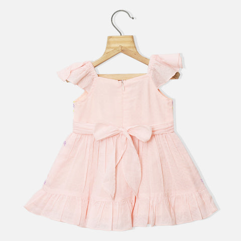 Peach Butterfly Embroidered Cotton Frock