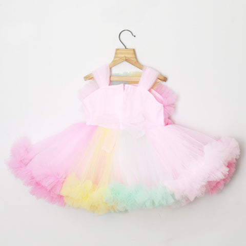 Pink Flower Embellished Ruffled Net Party Frock