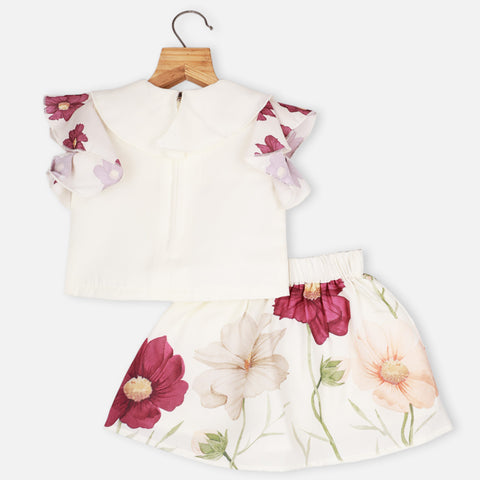 Cream Floral Printed Top With Skirt Co-Ord Set