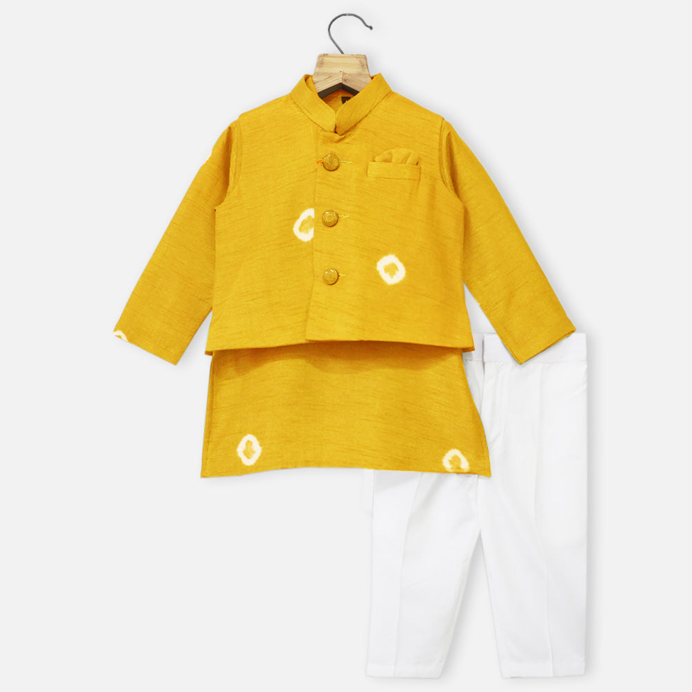 Yellow Shibori Nehru Jacket With Kurta & Pant