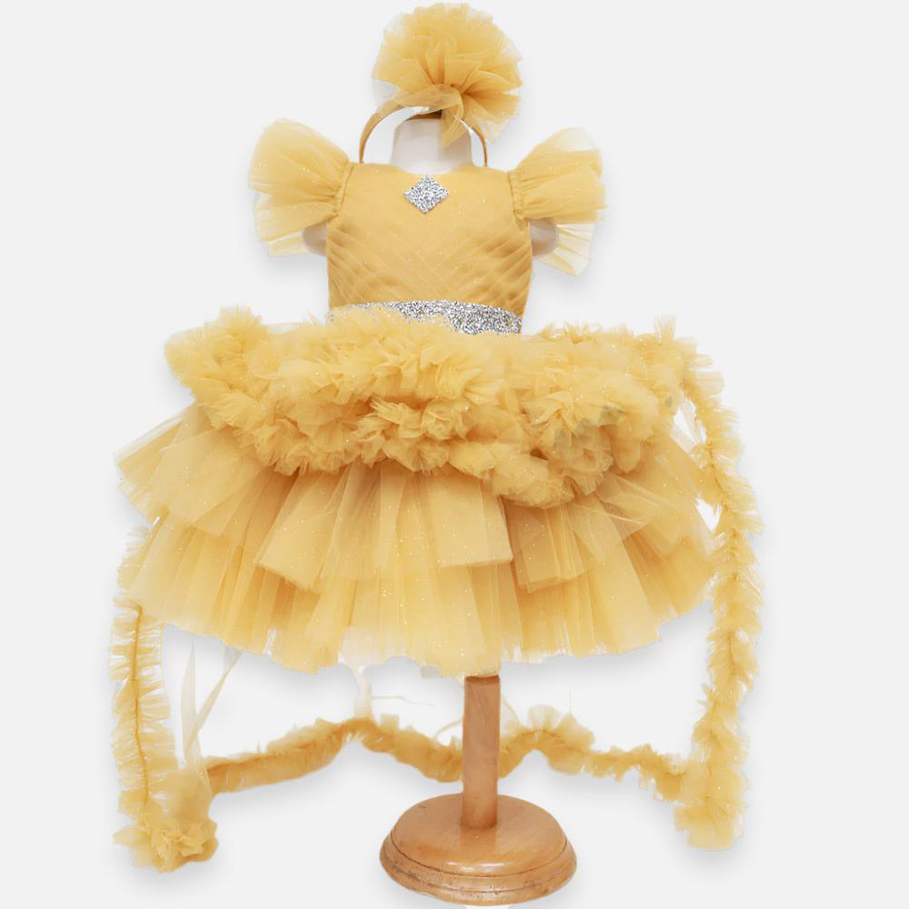 Mustard Ruffled Layered Party Dress With Detachable Tail & Headband