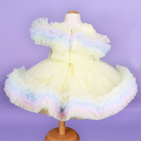 Yellow Cold Shoulder Ruffled Party Dress