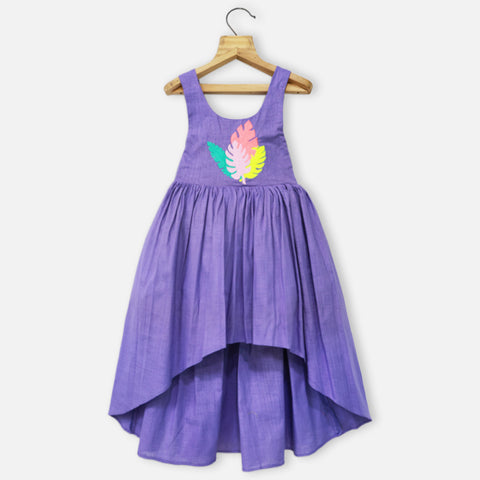 Hawaiian leaf Embroidery Cotton Dress- Purple & Lime Yellow