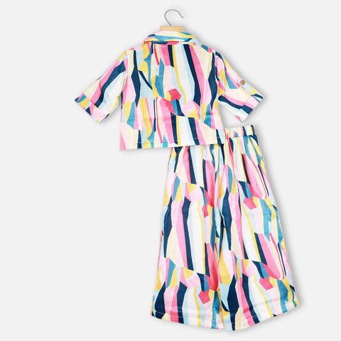 Pink Abstract Printed Twisted Hem Crop Top With Wide Leg Pant Co-Ord Set