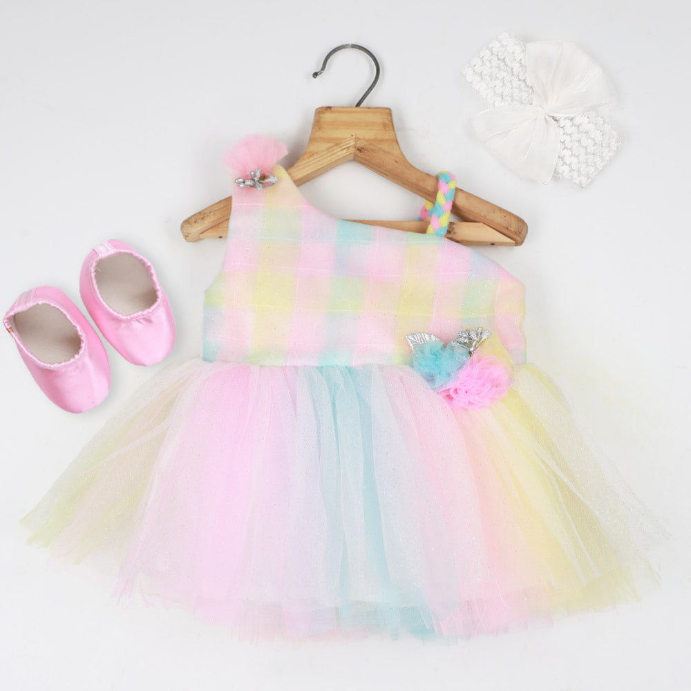 Pastel One Shoulder Glitter Net Party Frock With Booties & Headband