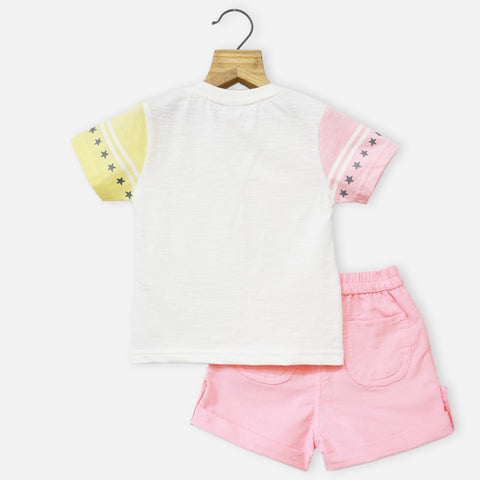 Colorblock Half Sleeves T-Shirt With Pink Corduroy Shorts