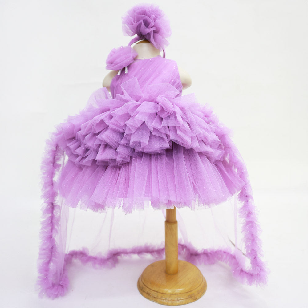 Purple & Pink Layered Net Party Dress With Detachable Tail & Headband