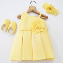 Load image into Gallery viewer, Pink &amp; Yellow Flower Embellished Box Pleated Dress With Booties &amp; Headband
