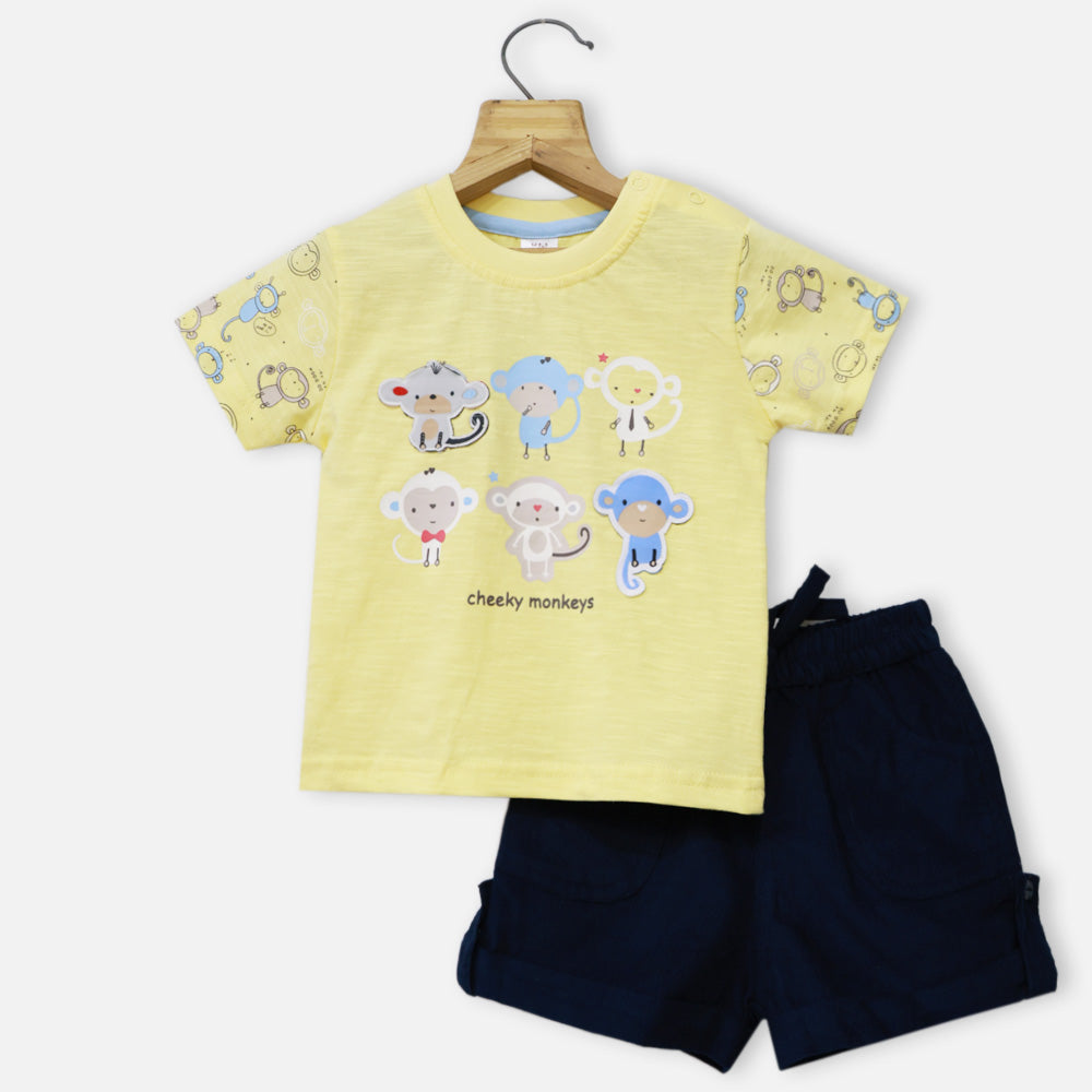 Yellow Half Sleeves T-Shirt With Navy Corduroy Shorts