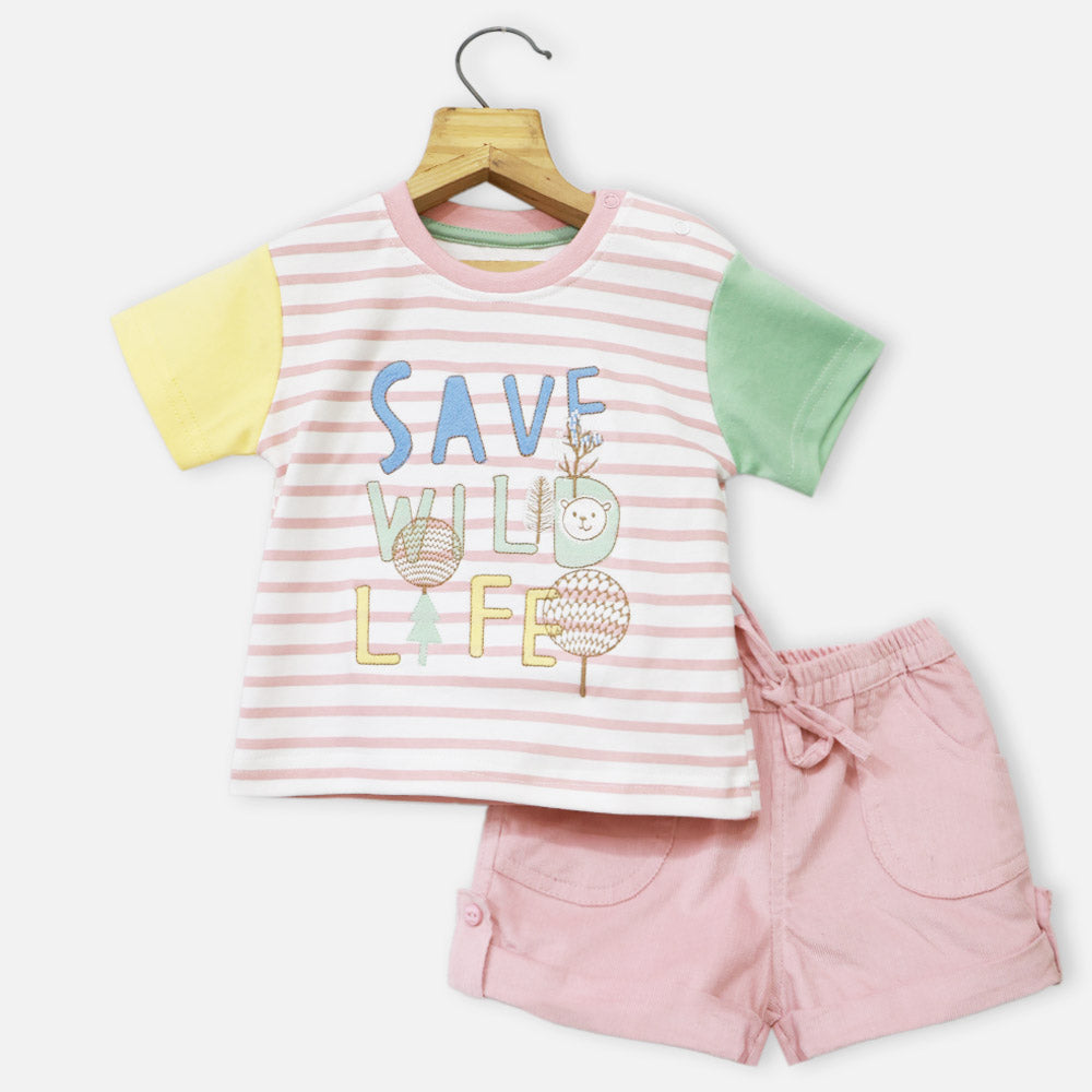 White Striped Printed T-Shirt With Pink Corduroy Shorts