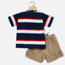 Load image into Gallery viewer, Blue Striped Half Sleeves T-Shirt With Beige Corduroy
