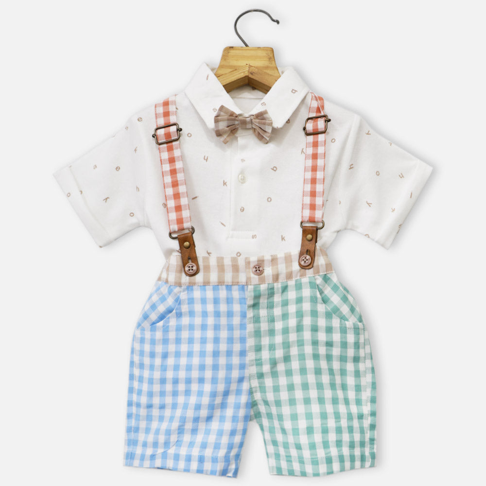 White Alphabet Printed T-Shirt & Shorts With Suspender Set