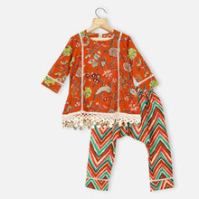Load image into Gallery viewer, Brown Floral Cotton Kurti With Chevron Pajama
