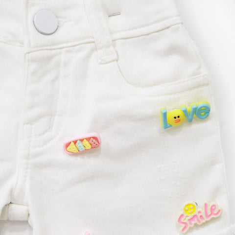 White Brooch Embellished Shorts