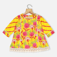 Load image into Gallery viewer, Floral Cotton A-Line Kurti With Yellow Bottom- Pink &amp; Grey
