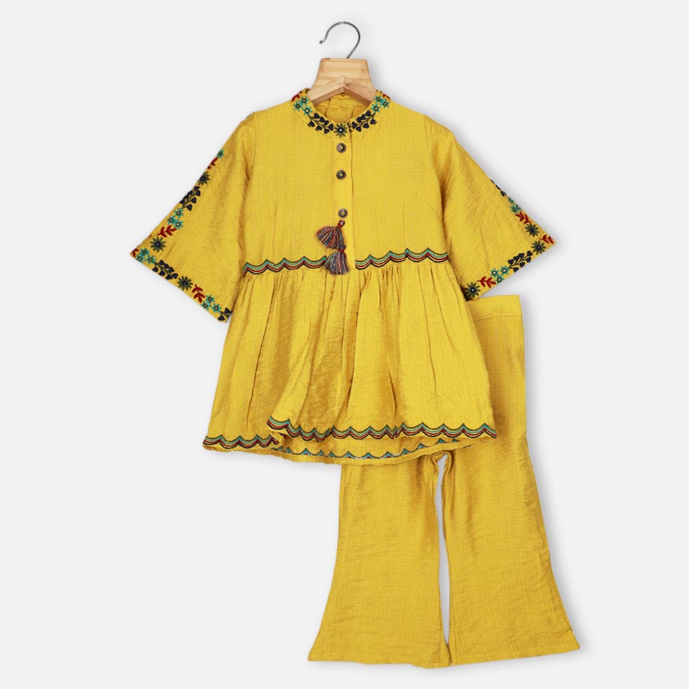 Mustard Embroidered Gathered Kurta With Pant