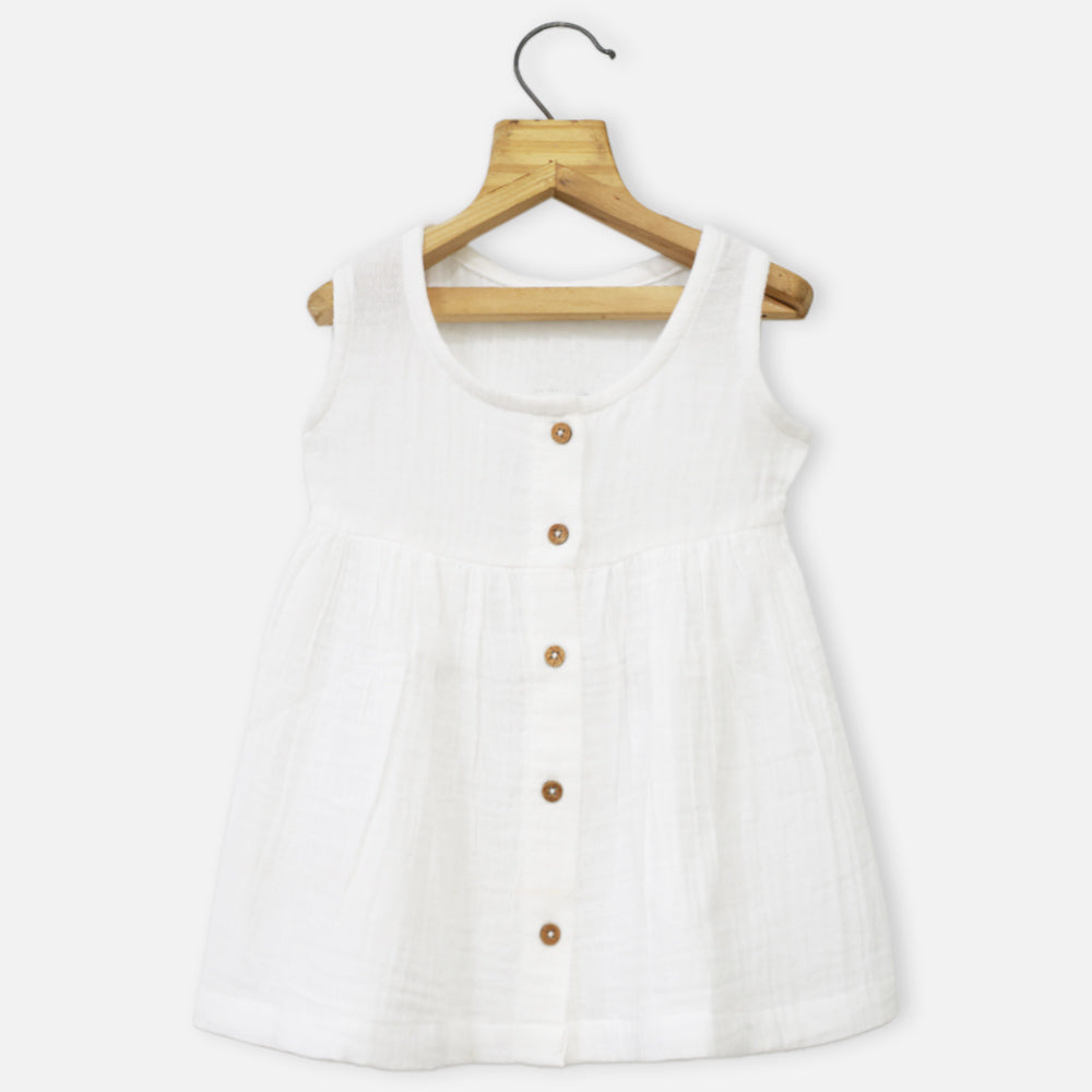 White Sleeveless Muslin Cotton Frock