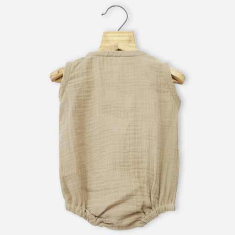 Beige Sleeveless Muslin Romper With Hairband