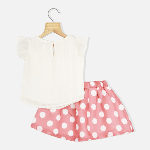 White Layered Sleeveless Top With Pink Polka Dots Skirt