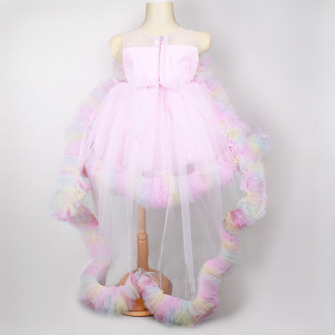 Pink Ruffled Net Party Dress With Detachable Tail