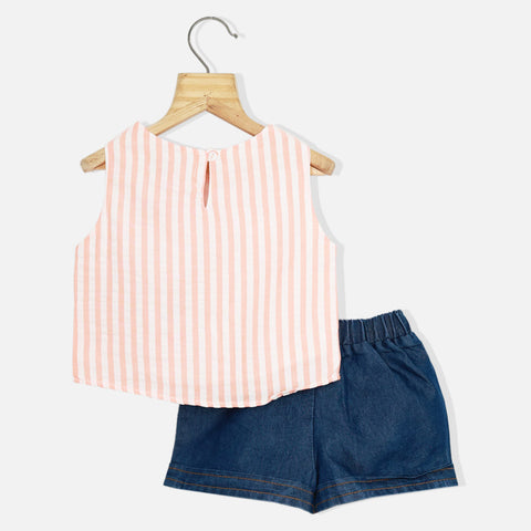 Peach Striped Sleeves Top With Shorts