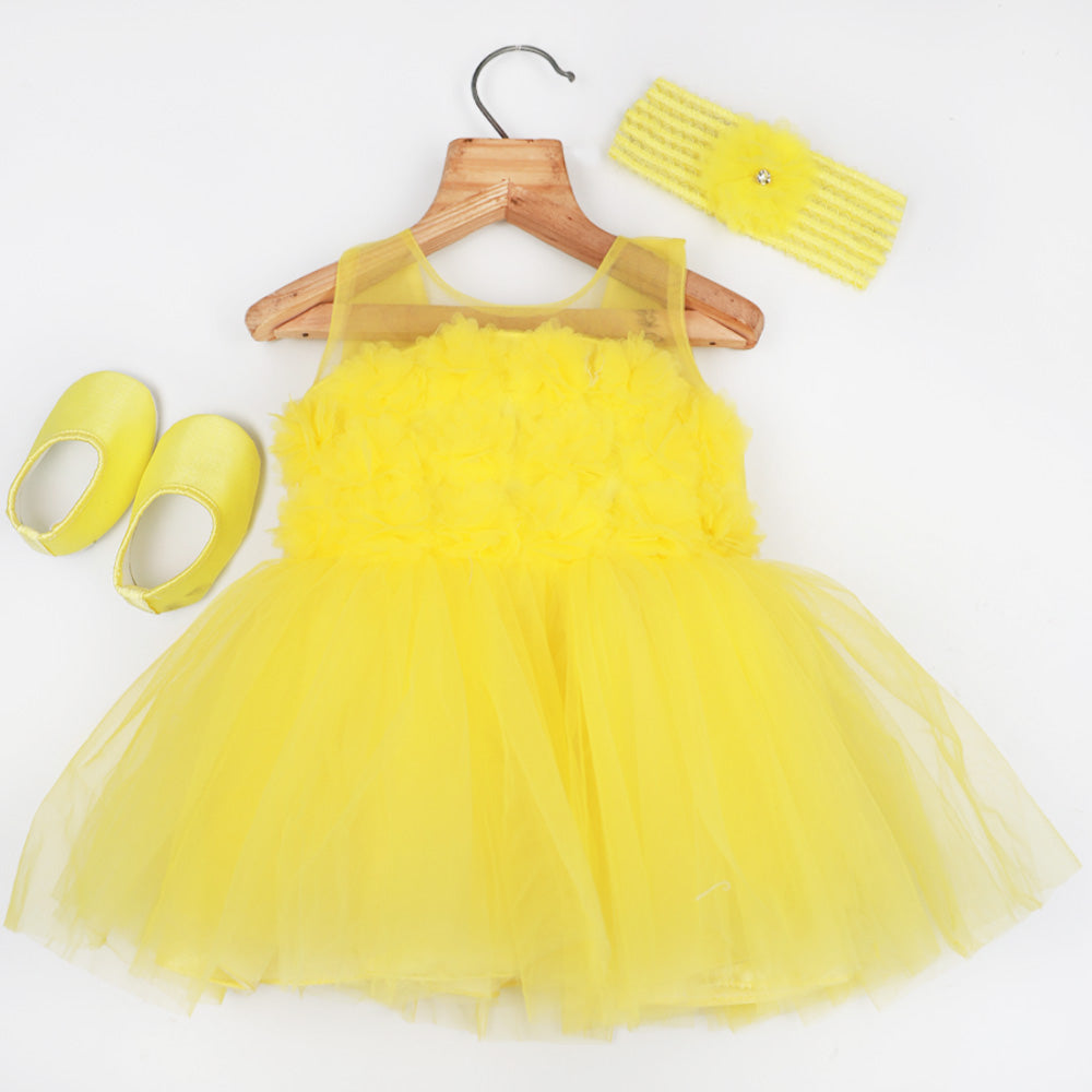 Pink & Yellow Sleeveless Party Dress With Booties & Headband