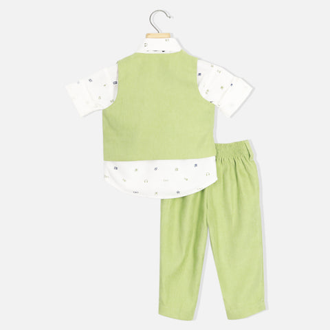 White Graphic Printed Shirt With Green Waistcoat And Pant Set