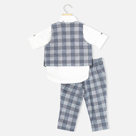 White Printed Shirt With Blue Checked Waistcoat And Pant Set