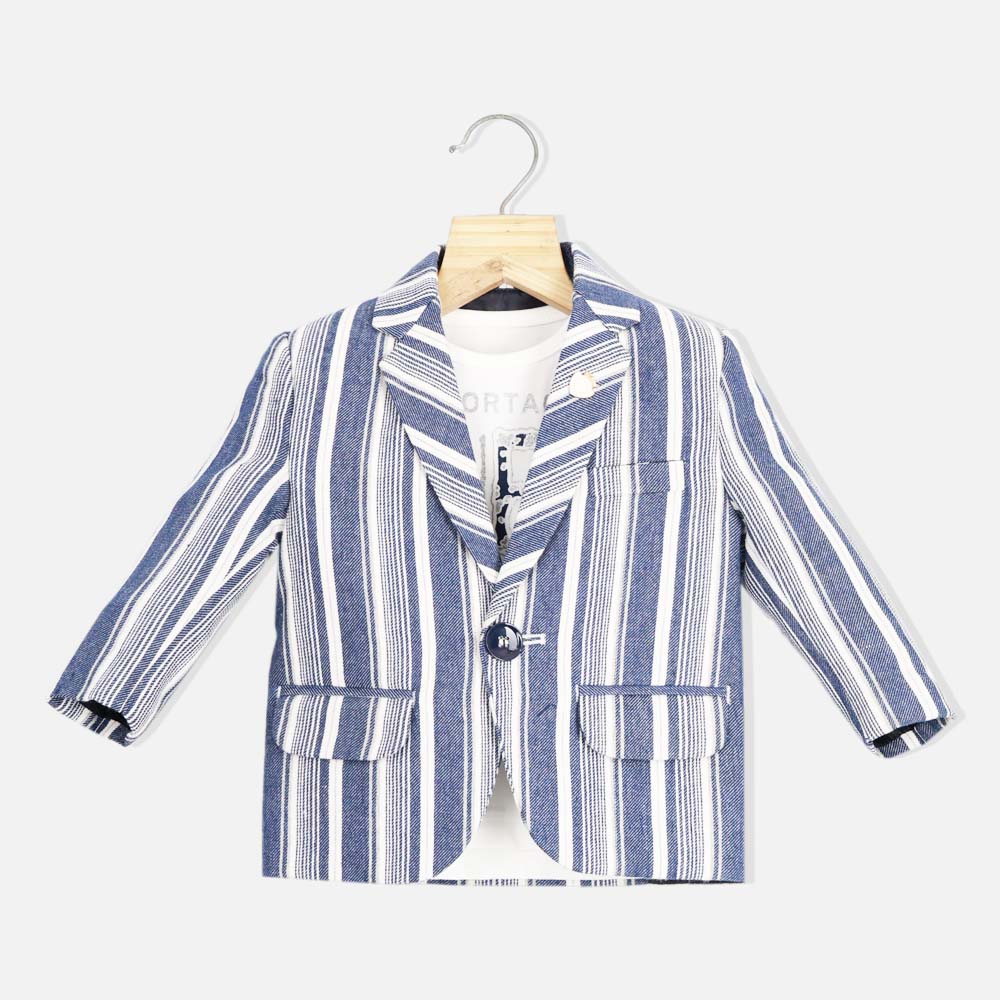 Blue Striped Blazer With White Half Sleeves T-Shirt