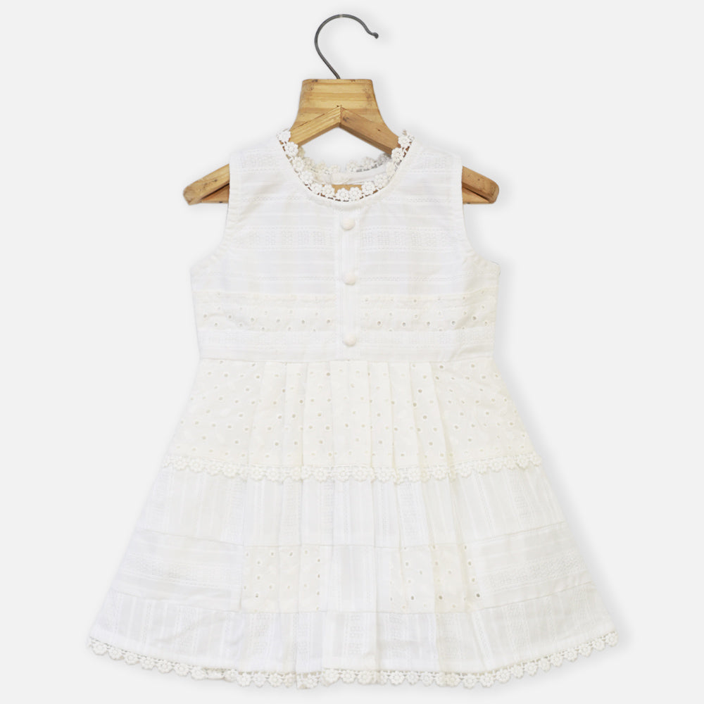 White Pleated Sleeveless Cotton Dress