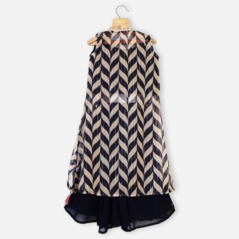 Navy Blue Embroidered Crop Top With Georgette Palazzo & Chevron Shrug
