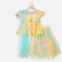 Load image into Gallery viewer, Yellow Cold Shoulder Pleated Choli With Blue Lehenga &amp; Dupatta
