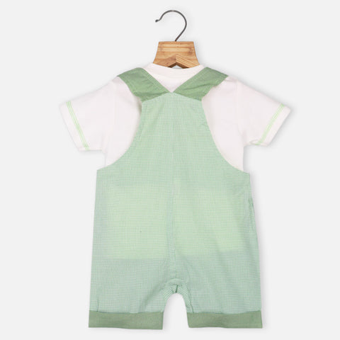 Green Checked Dungaree With White T-Shirt