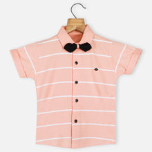 Load image into Gallery viewer, Peach Striped Half Sleeves Shirt With Bow Tie
