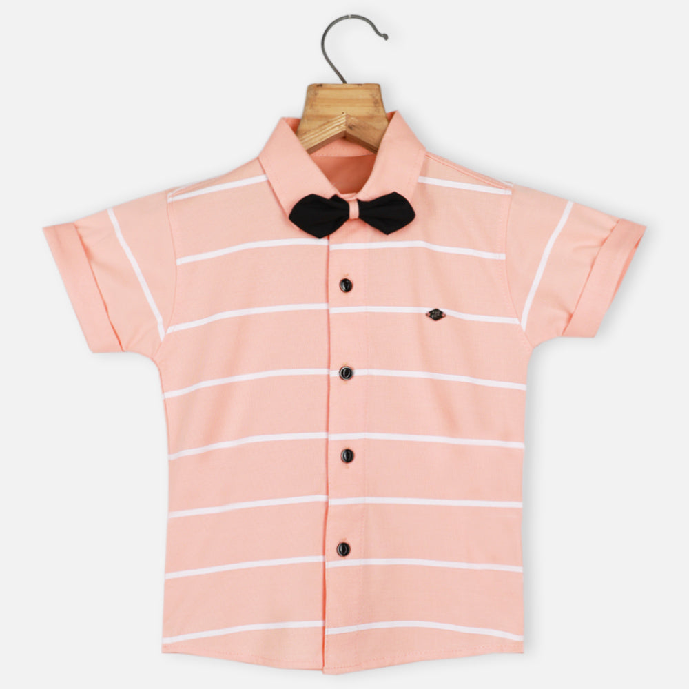 Peach Striped Half Sleeves Shirt With Bow Tie