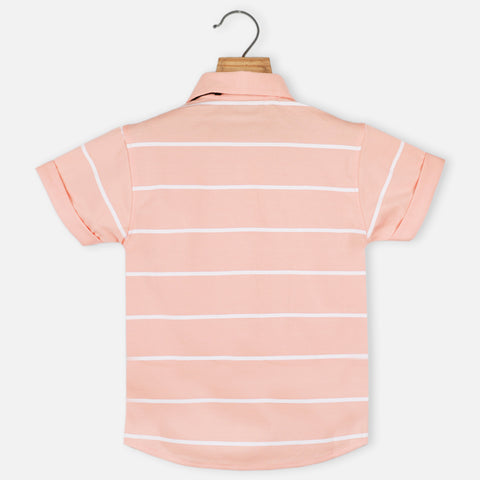 Peach Striped Half Sleeves Shirt With Bow Tie