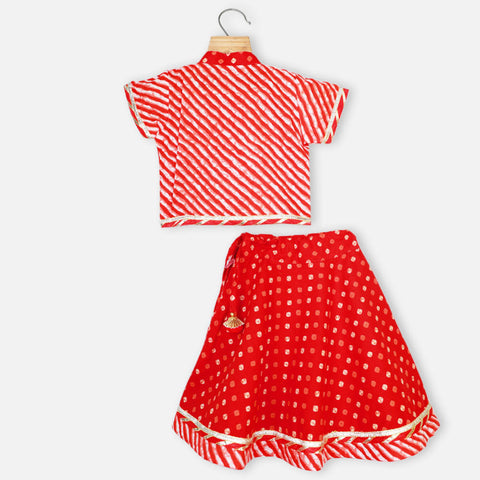 Red Leheriya Cotton Choli With Bandhani Ghagra Jamna Set