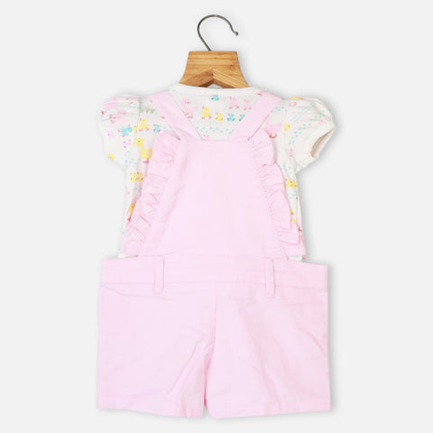 Pink Embroidered Corduroy Dungaree With T-Shirt
