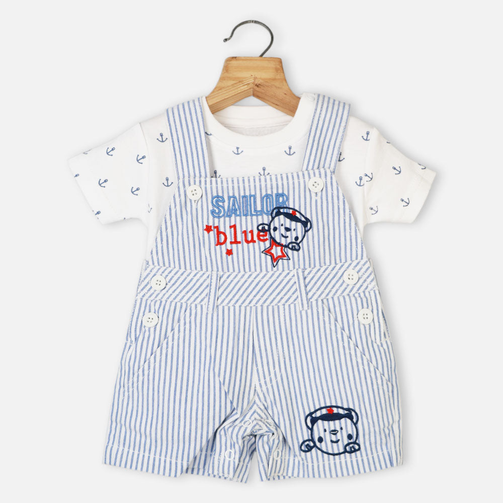 Blue Striped Dungaree Dungaree With Anchor T-Shirt