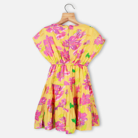 Yellow Floral Embroidered Tiered Dress