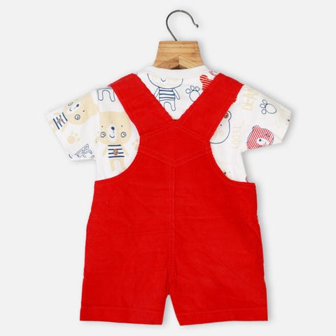 Red Corduroy Dungaree With White Half Sleeves T-Shirt