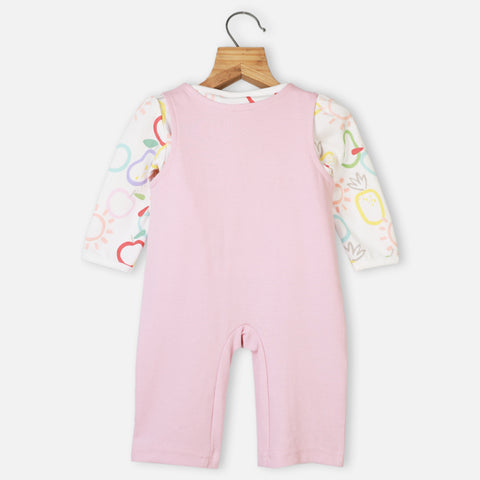 Pink Romper Dungaree With White Full Sleeves T-Shirt