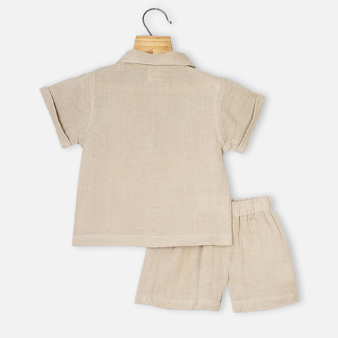Beige Cotton Shirt With Shorts Co-Ord Set