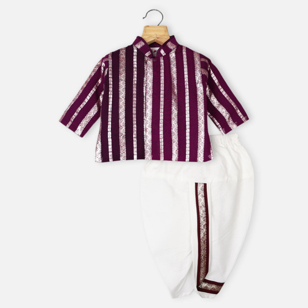 Golden Striped Kurta With Dhoti- Yellow, Purple & Pink