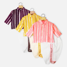 Load image into Gallery viewer, Golden Striped Kurta With Dhoti- Yellow, Purple &amp; Pink
