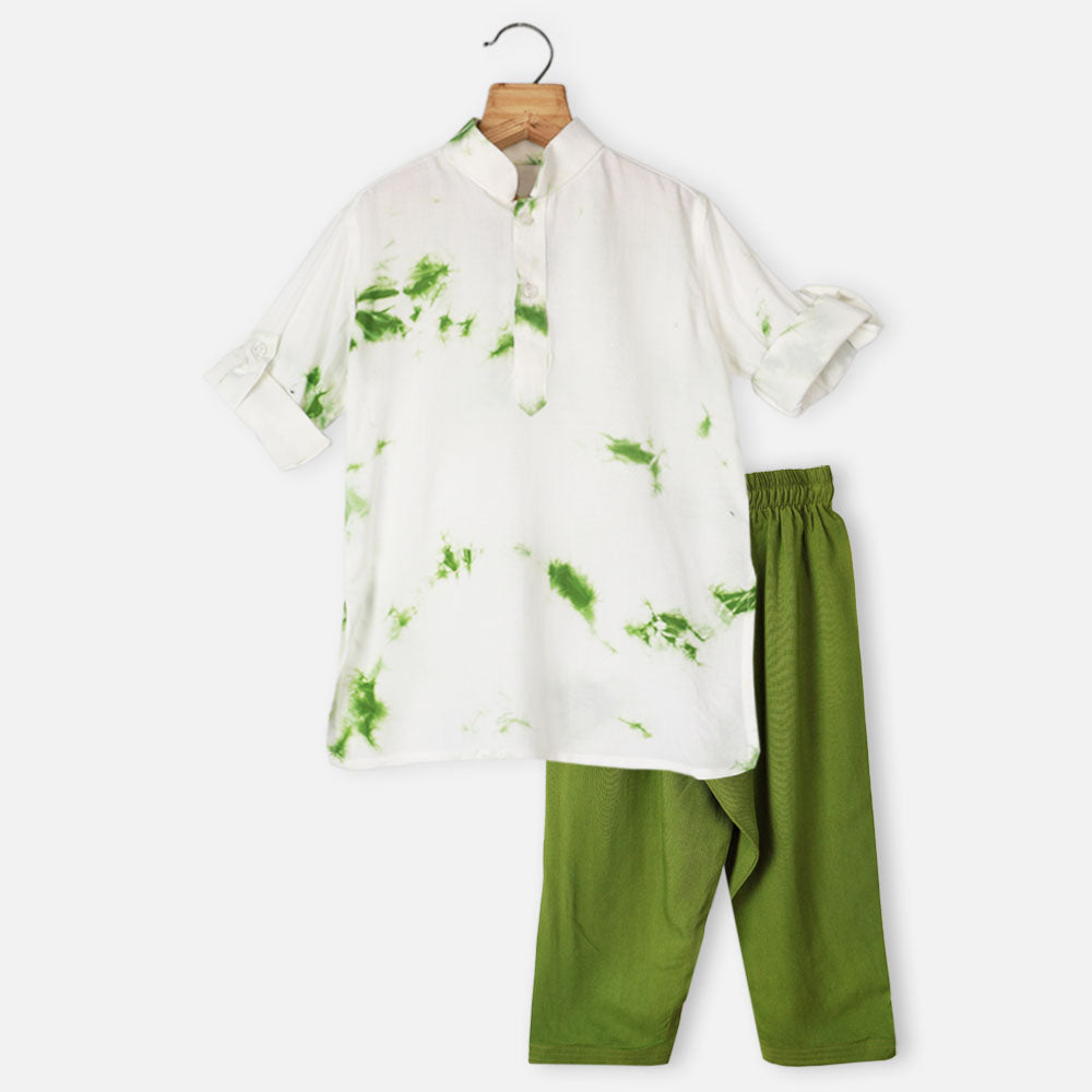 White Tie Dye Kurta With Green Pajama