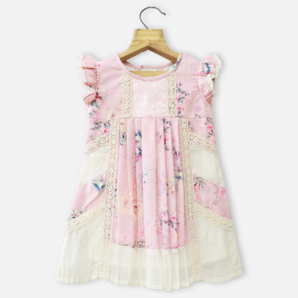 Pink Floral Printed Pleated Dress