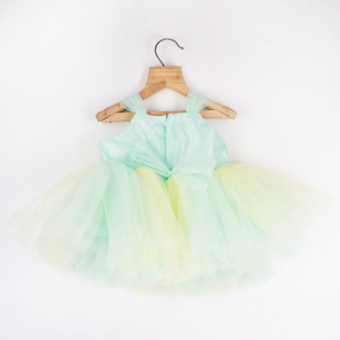 Blue Weave Yoke Net Party Frock With Booties & Headband