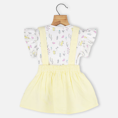 Yellow Bunny Embroidered Corduroy Dungaree Dress With White Top