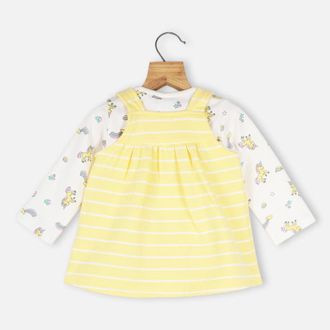 Yellow Striped Dungaree Dress With White Unicorn Full Sleeves Top